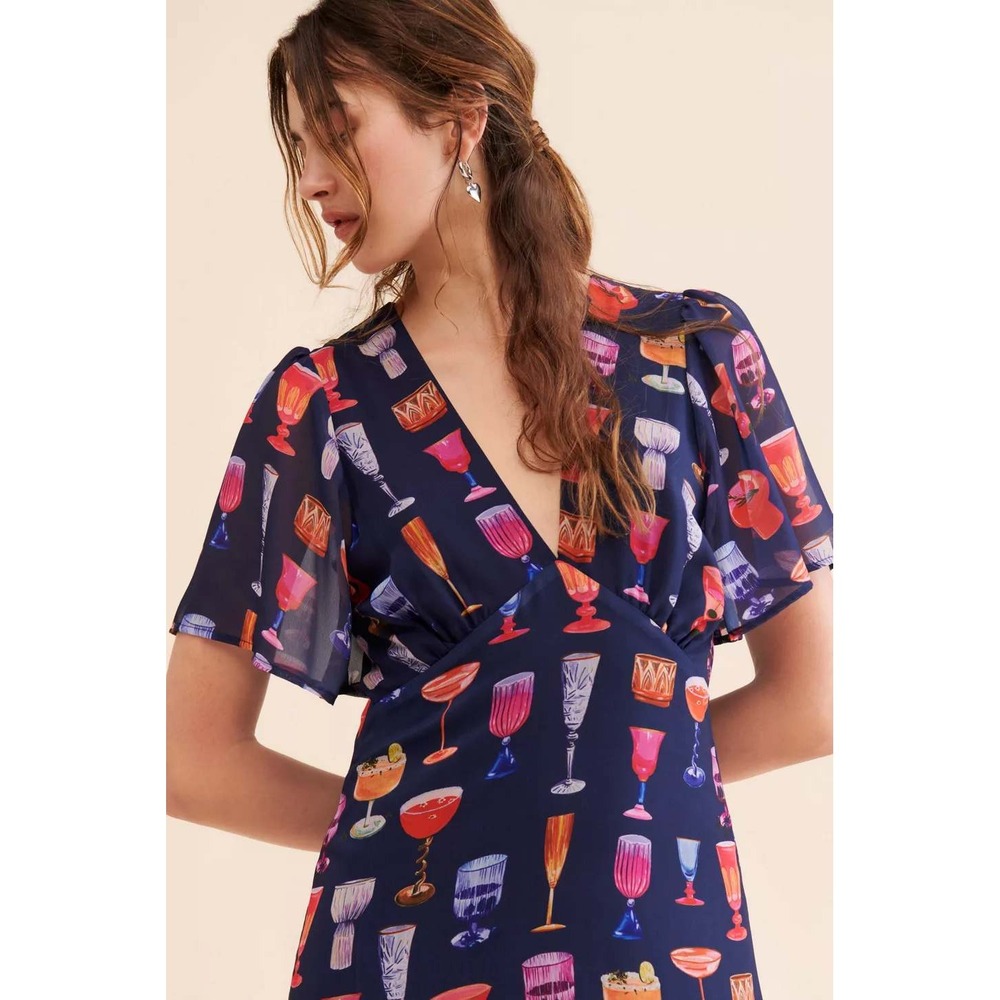 Cocktail Novelty Print Tiki Lisa Says Gah Grace Dress Midi Flutter Sleeve S Navy - Picture 2 of 10